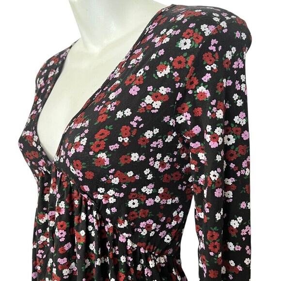 Wednesdays Girl Womens Black Purple Floral Babydoll Long Sleeve V-Neck Dress XS - Picture 10 of 16